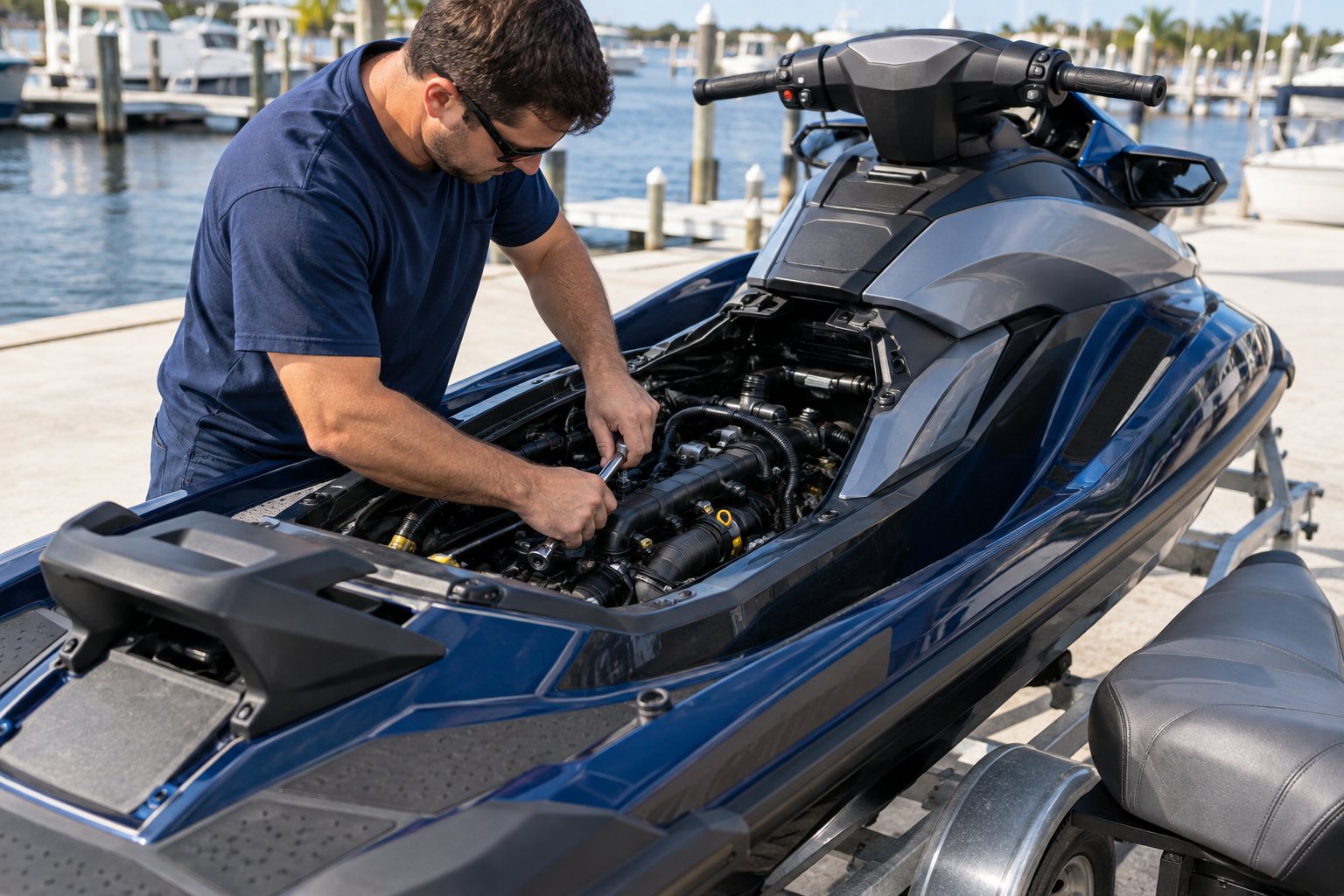 Technician repairing a jet ski engine with the seat removed