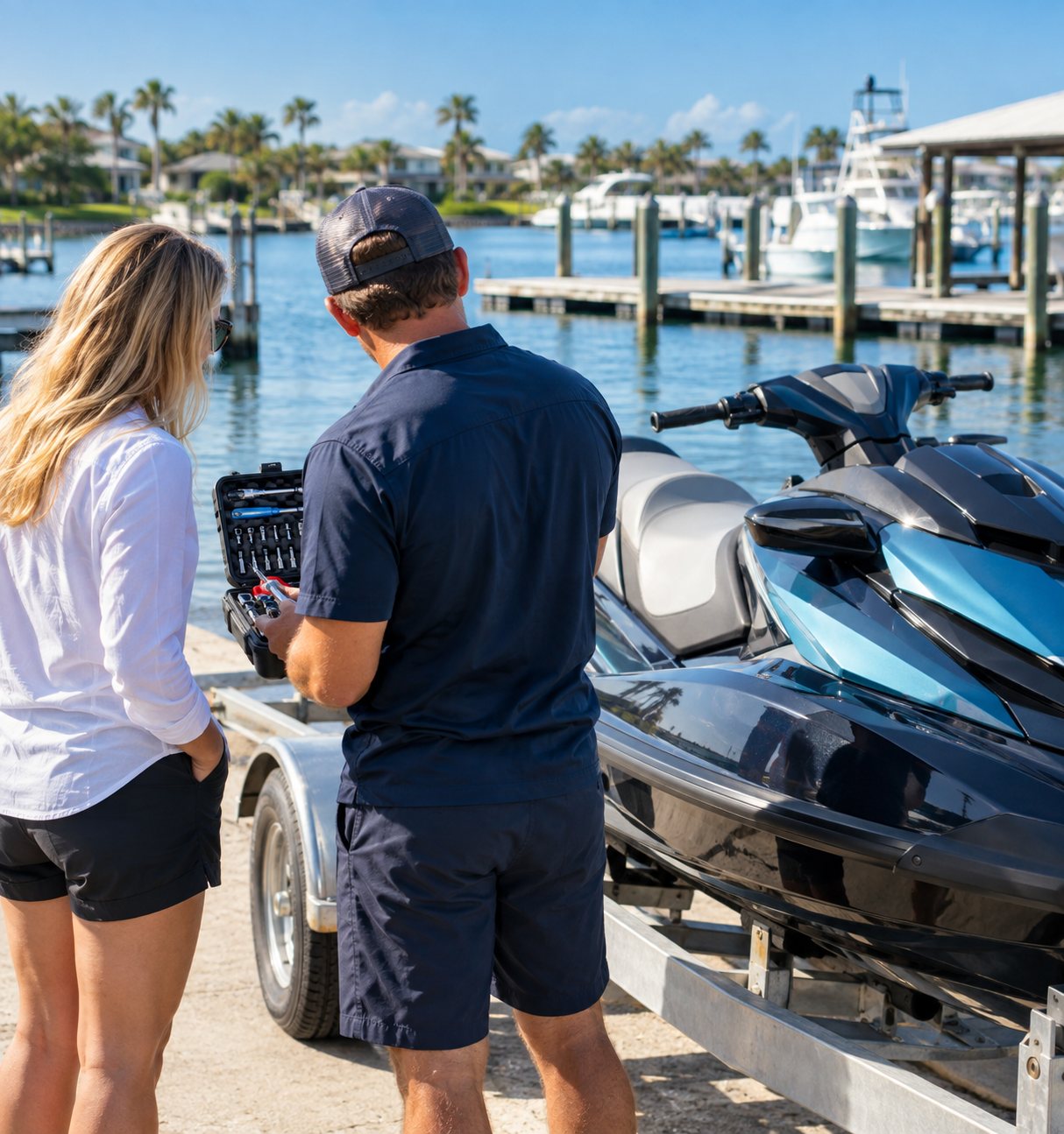 Jet ski owner talking with a mobile technician at a marina