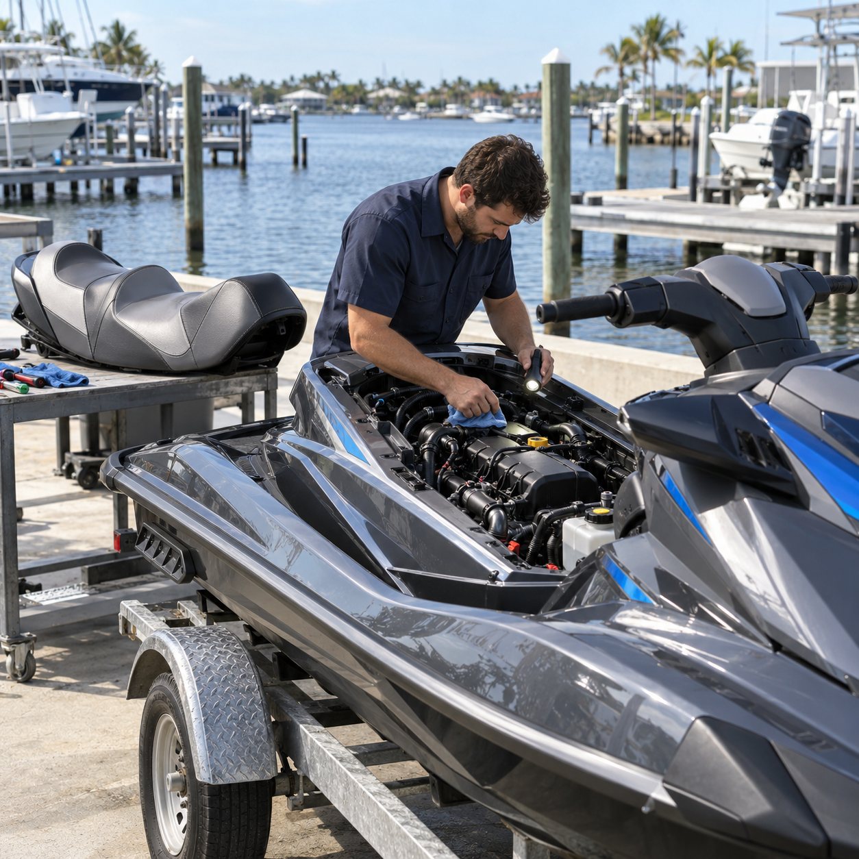 Dockside jet ski maintenance with the seat off and engine bay open