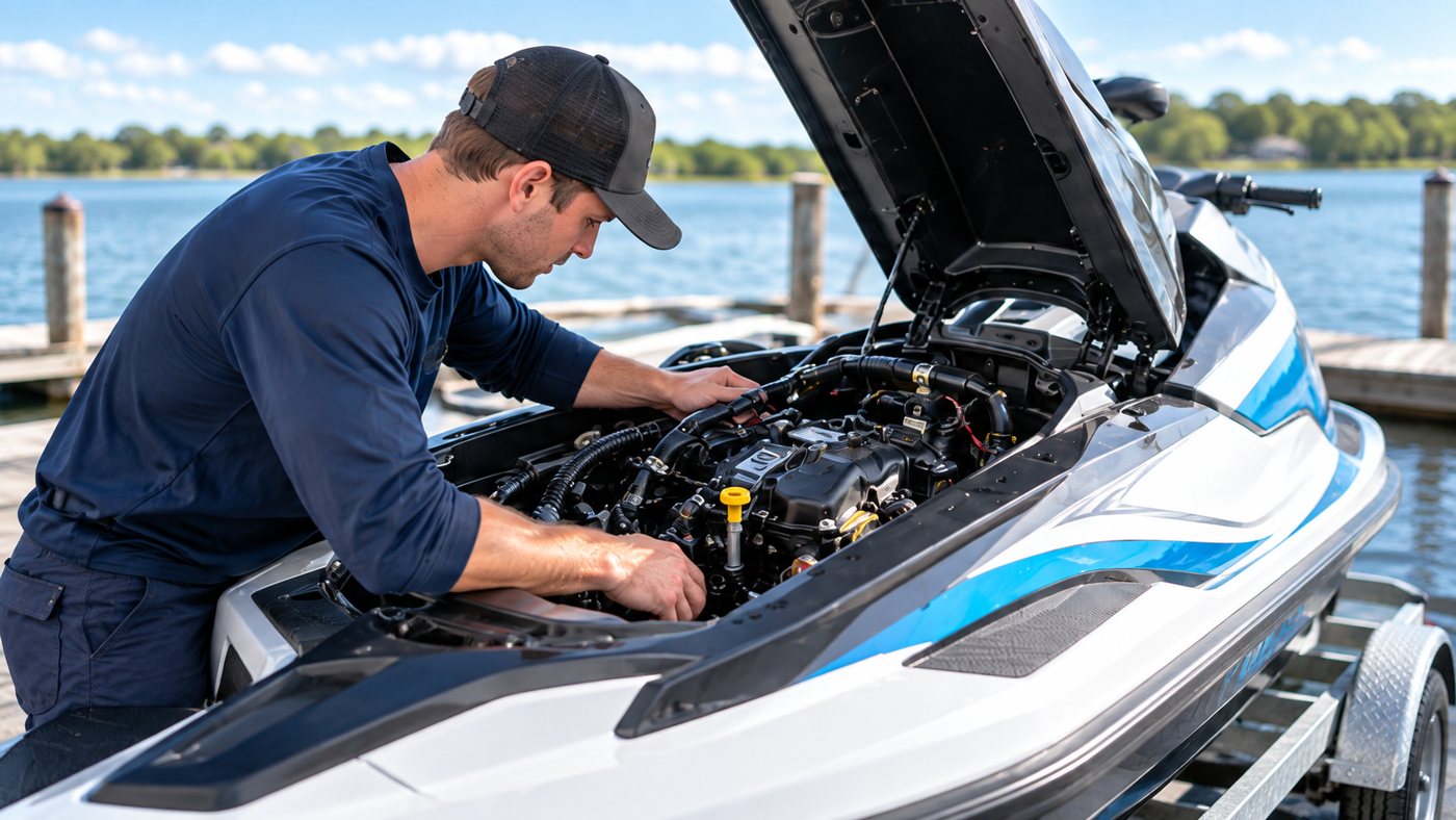 Technician performing routine jet ski maintenance at a Northeast Florida dock